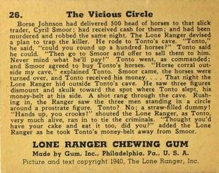 1940 Gum Inc. Lone Ranger (R83) #26 The Vicious Circle Back
