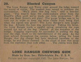 1940 Gum Inc. Lone Ranger (R83) #29 Blasted Canyon Back