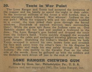 1940 Gum Inc. Lone Ranger (R83) #30 Tonto in War Paint Back