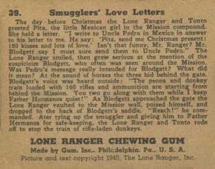 1940 Gum Inc. Lone Ranger (R83) #39 Smugglers' Love Letters Back