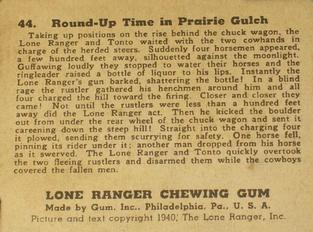 1940 Gum Inc. Lone Ranger (R83) #44 Round-up Time in Prairie Gulch Back