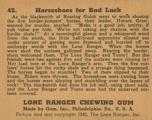 1940 Gum Inc. Lone Ranger (R83) #45 Horseshoes for Bad Luck Back
