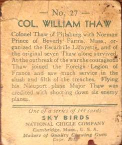 1934 National Chicle Sky Birds (R136) #27 Col. William Thaw Back