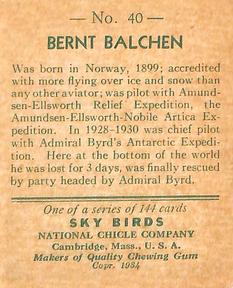 1934 National Chicle Sky Birds (R136) #40 Bernt Balchen Back