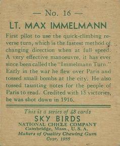 1934 National Chicle Sky Birds (R136) #16 Lt. Max Immelmann Back