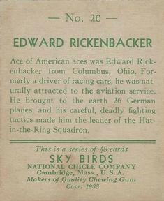 1934 National Chicle Sky Birds (R136) #20 Edward Rickenbacker Back