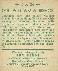 1934 National Chicle Sky Birds (R136) #26 Col. William A. Bishop Back