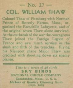 1934 National Chicle Sky Birds (R136) #27 Col. William Thaw Back