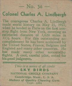 1934 National Chicle Sky Birds (R136) #36 Charles A. Lindbergh Back