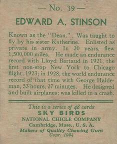 1934 National Chicle Sky Birds (R136) #39 Edward A. Stinson Back