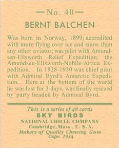 1934 National Chicle Sky Birds (R136) #40 Bernt Balchen Back