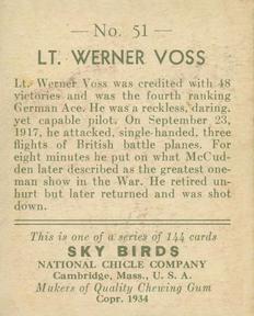 1934 National Chicle Sky Birds (R136) #51 Lt. Werner Voss Back