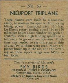 1934 National Chicle Sky Birds (R136) #63 Nieuport Triplane Back