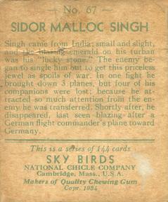 1934 National Chicle Sky Birds (R136) #67 Sidor Malloc Singh Back