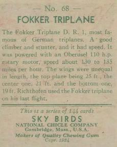 1934 National Chicle Sky Birds (R136) #68 Fokker Triplane Back
