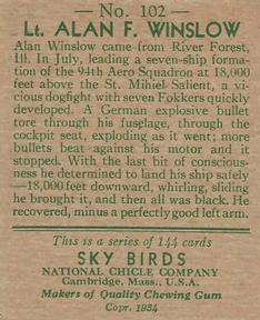 1934 National Chicle Sky Birds (R136) #102 Lt. Alan F. Winslow Back