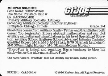 1986 Hasbro G.I. Joe Action Cards #4 Short-Fuze Back