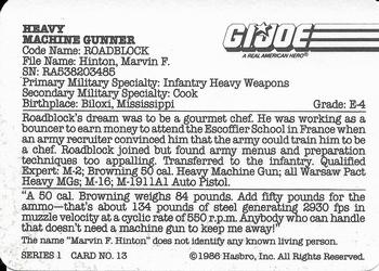 1986 Hasbro G.I. Joe Action Cards #13 Roadblock Back
