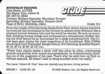 1986 Hasbro G.I. Joe Action Cards #25 Alpine Back