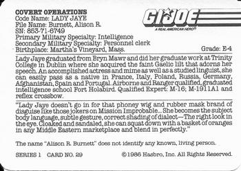 1986 Hasbro G.I. Joe Action Cards #29 Lady Jaye Back
