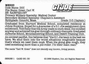 1986 Hasbro G.I. Joe Action Cards #30 Doc Back