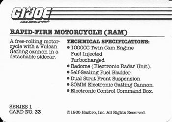 1986 Hasbro G.I. Joe Action Cards #33 Rapid-Fire Motorcycle (RAM) Back
