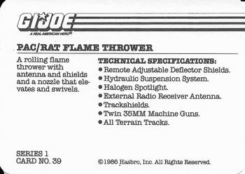 1986 Hasbro G.I. Joe Action Cards #39 PAC/RAT Flame Thrower Back