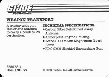 1986 Hasbro G.I. Joe Action Cards #58 Weapon Transport Back