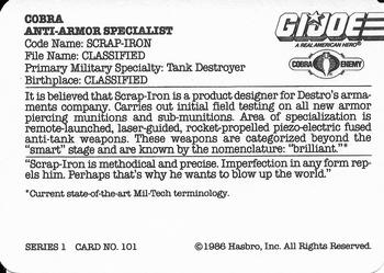 1986 Hasbro G.I. Joe Action Cards #101 Scrap-Iron Back