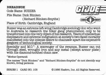 1986 Hasbro G.I. Joe Action Cards #105 Buzzer Back