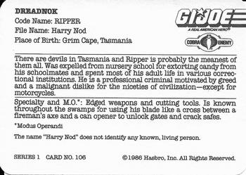 1986 Hasbro G.I. Joe Action Cards #106 Ripper Back