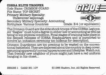 1986 Hasbro G.I. Joe Action Cards #107 Crimson Guard Back