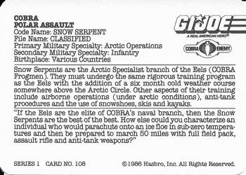1986 Hasbro G.I. Joe Action Cards #108 Snow Serpent Back