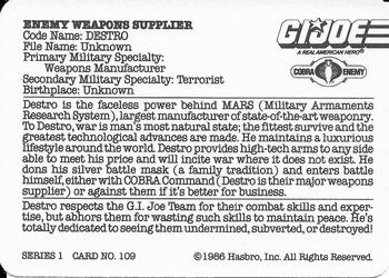 1986 Hasbro G.I. Joe Action Cards #109 Destro Back