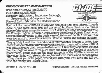 1986 Hasbro G.I. Joe Action Cards #110 Tomax and Xamot Back