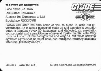 1986 Hasbro G.I. Joe Action Cards #113 Zartan Back