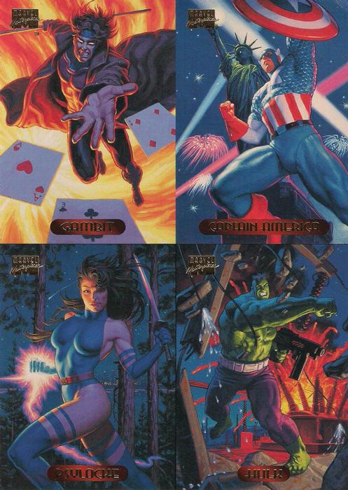 1994 Fleer Marvel Masterpieces Hildebrandt Brothers - 4-Card Panel Promos #NNO Captain America / Gambit / Hulk / Psylocke Front