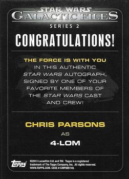 2013 Topps Star Wars: Galactic Files Series 2 - Autographs #15 Chris Parsons Back