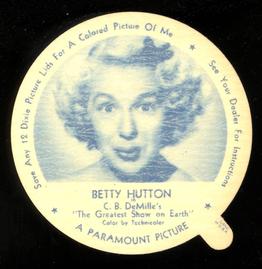 1952 Dixie Cup Lids Movie, Cowboy, and TV Stars (F5-18) #NNO Betty Hutton Front
