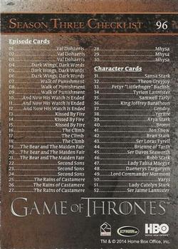 2014 Rittenhouse Game of Thrones Season 3 - Holofoil #96 Season Three Checklist: 01-52 Back