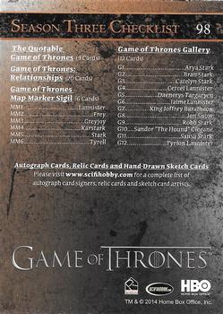 2014 Rittenhouse Game of Thrones Season 3 - Holofoil #98 Season Three Checklist: Inserts Back