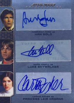 2014 Topps Chrome Star Wars Perspectives - Triple Autograph #NNO Harrison Ford / Mark Hamill / Carrie Fisher Front