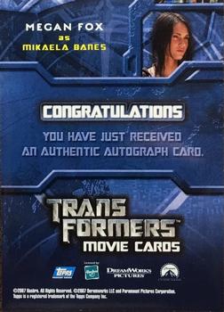 2007 Topps Transformers Movie - Autograph #NNO Megan Fox Back