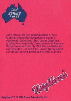 1988 Topps Neighbours Series 2 #1 Jane Harris, the shy grandaughter of Mrs Mangel, b Back