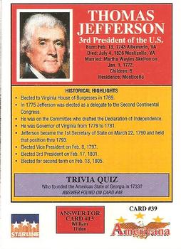 1992 Starline Americana #39 Thomas Jefferson Back