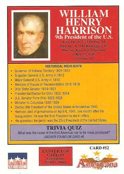1992 Starline Americana #52 William Henry Harrison Back