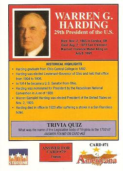 1992 Starline Americana #71 Warren G. Harding Back