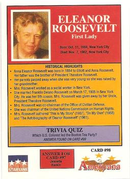 1992 Starline Americana #98 Eleanor Roosevelt Back