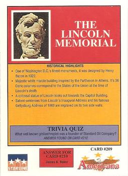 1992 Starline Americana #209 Lincoln Memorial Back