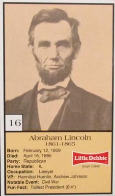 1992 Little Debbie The U.S. Presidents #16 Abraham Lincoln Front